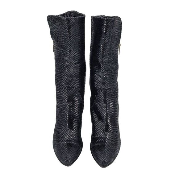 90s Aquatalia Boots Leather Liquid Snake Tall Mid Calf High Heel Black 10 Gothic - Picture 10 of 12